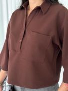 Crop Yakalı Gömlek Üç Çeyrek Sleeve Kol - Kahverengi resmi